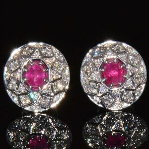 CERTIFIED NATURAL 1.6CTS DIAMOND RUBY 18K SOLID GOLD GEOMETRIC DISC EARRINGS
